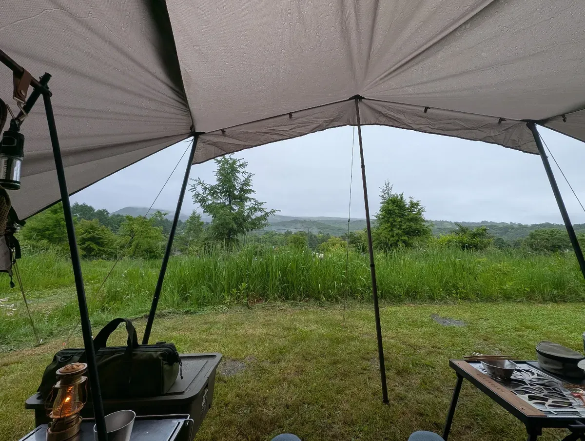 タープの下から雨の嬬恋の緑を見渡す。テーブルと調理器具が並び、曇り空の中でも落ち着いたサイトの雰囲気が伝わる